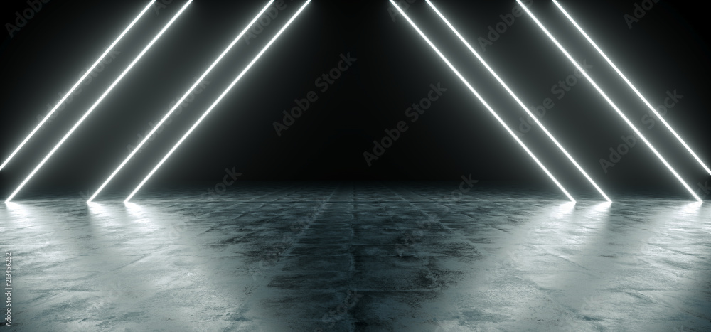 Fototapeta premium Futurystyczny Sci Fi trójkąt białe neonowe światła świecące w betonowej podłodze pokój z refelctions Puste miejsce renderowania 3D