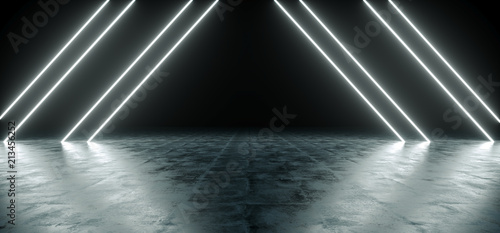 Obraz na plátně Futuristic Sci Fi Triangle White Neon Tube Lights Glowing In Concrete Floor Room