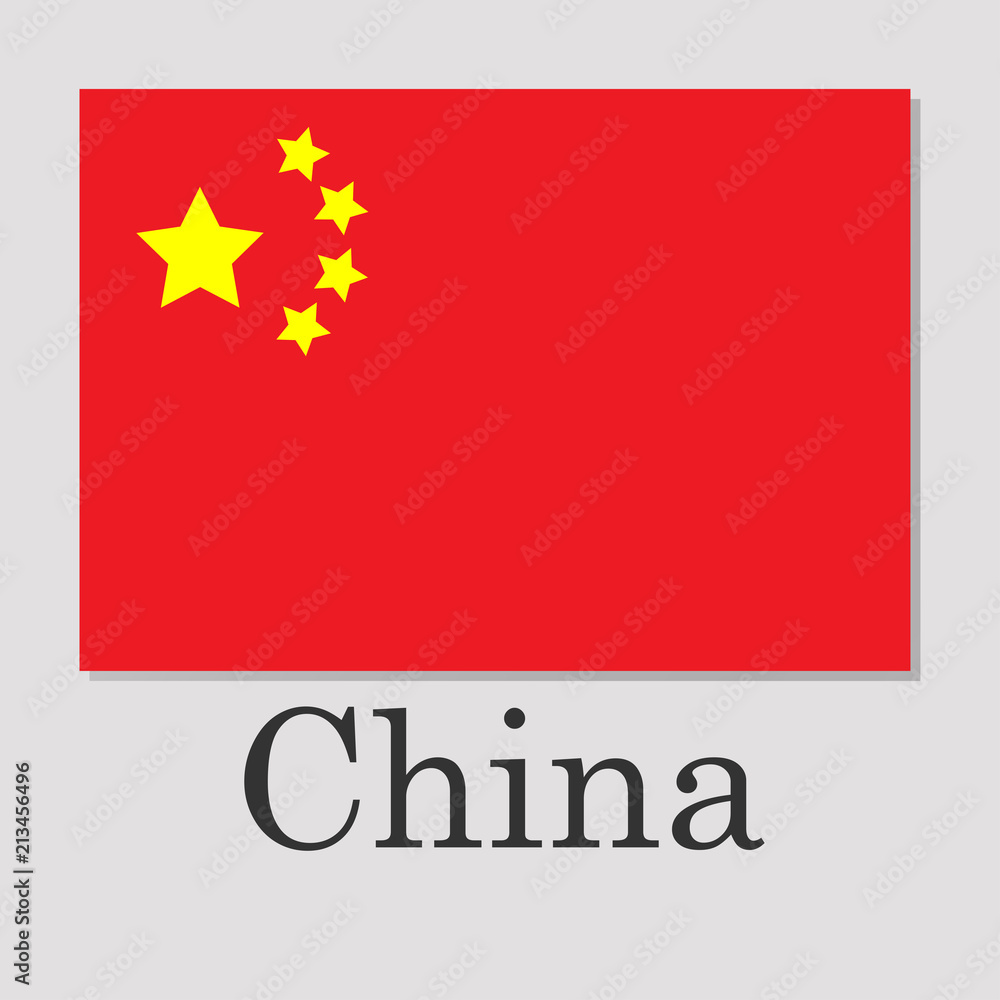 China flag isolated on grey background with shadow lettering China flag isolated on grey background with shadow lettering