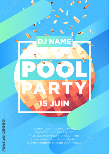 Vertical blue pool party background with golden graphic elements and text.  