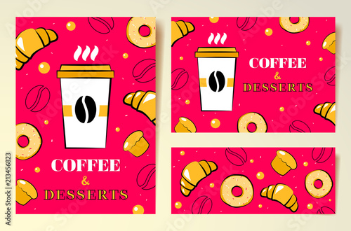 Set of coffee design templates with graphic elements and red background. 