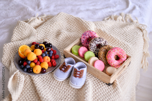 Healthy breakfast. A lot of berries. Apricot berry and donuts. A lot of food. European breakfast.   photo