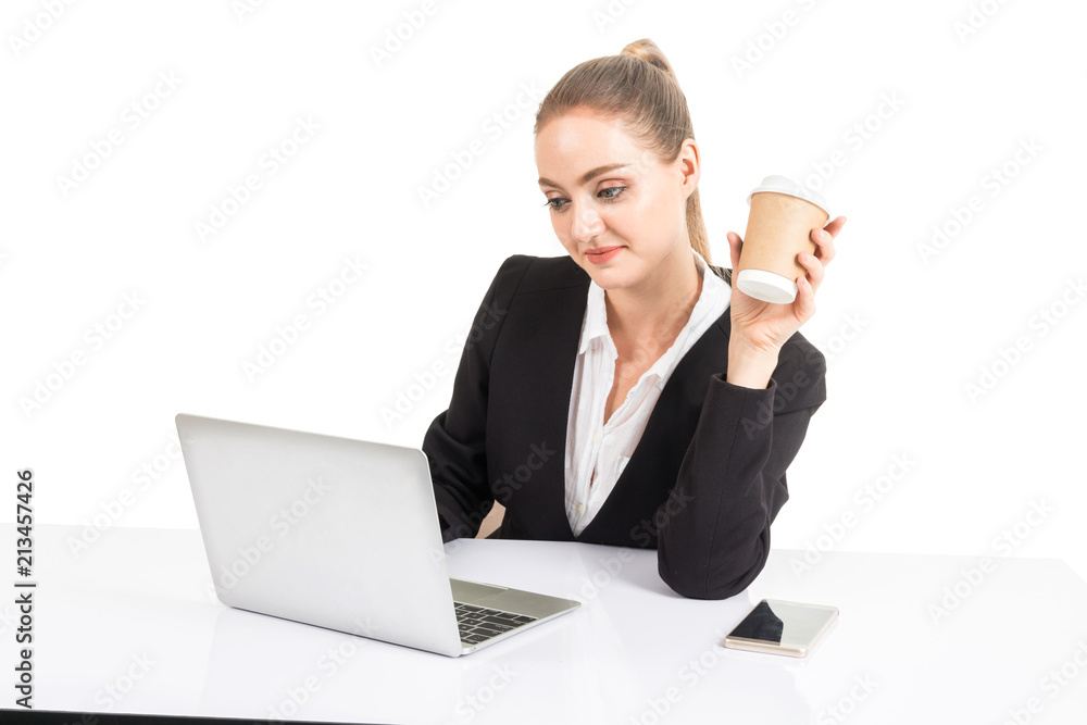 Smiling businesswoman using a laptop computer isolated on white background Smiling businesswoman using a laptop computer isolated on white background