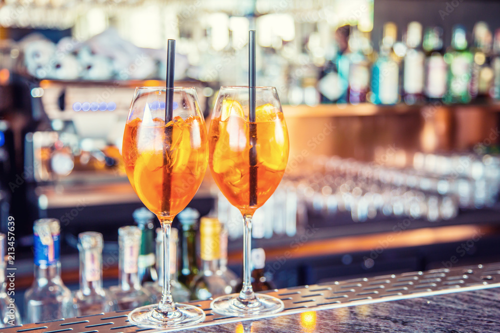 Aperol spritz drink on bar counter in pub or restaurant Aperol spritz drink on bar counter in pub or restaurant