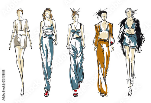 Sketch. Fashion Girls on a white background. Vector illustration.