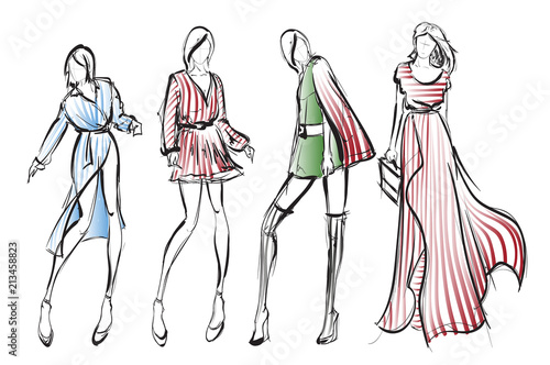 Sketch. Fashion Girls on a white background. Vector illustration.