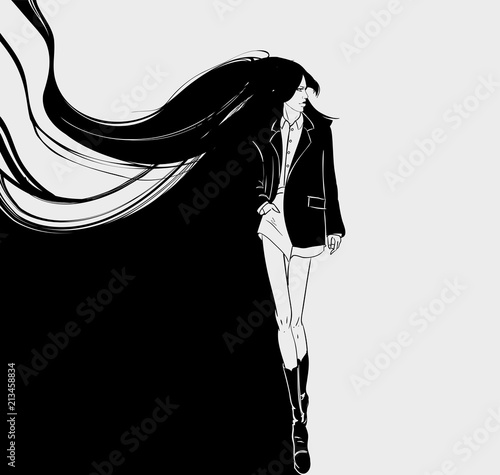 Stylish fashion model. Pretty young girl. Fashion girl Sketch