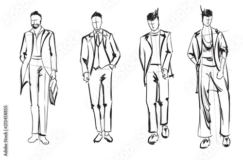 Fashion man. Set of fashionable men's sketches on a white background. Spring men.