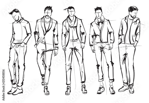 Fashion man. Set of fashionable men's sketches on a white background. Spring men.