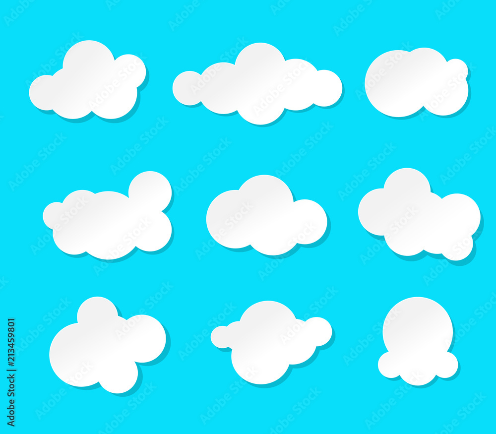 Set of cartoon clouds isolated on a blue background. paper art vector illustration. Set of cartoon clouds isolated on a blue background. paper art vector illustration.