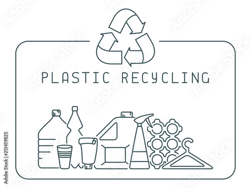 Plastic recycling icons set with trash and lettering. Linear style vector illustration. EPS10