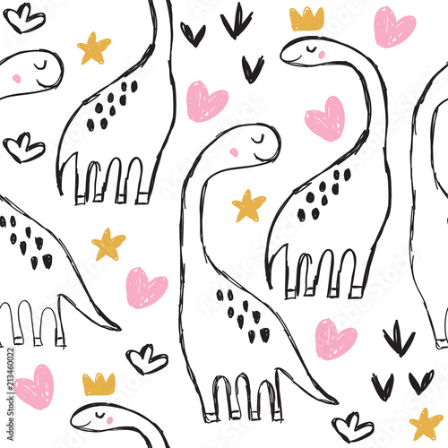 Cute brontosaurus and doodles seamless pattern