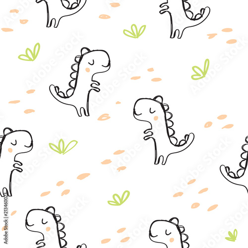 Cute dinosaur and doodles seamless pattern