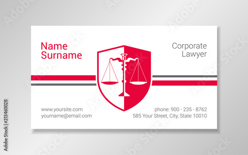 Business card design template in red, gray and white colors with scales silhouette on the shield background and horizontal stripes.