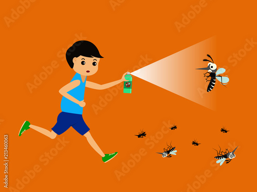 Boy fight mosquito by spray. protection dengue fever concept. Vector illustration.