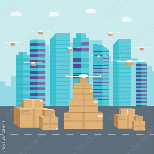 Logistics and delivery icon service of helicopter with package on city  background