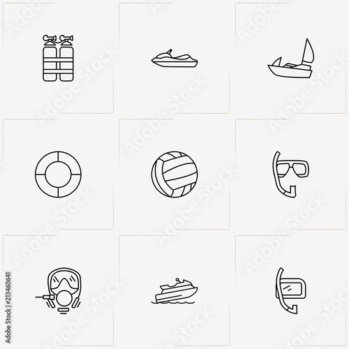Water Sport line icon set with volleyball , diving pipe  and lifebuoy