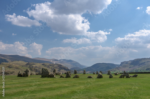 Castlerigg Stone Circle in the Lake District National Park  Cumbria  United Kingdom. The mountains of Helvellyn and High Seat in the background.