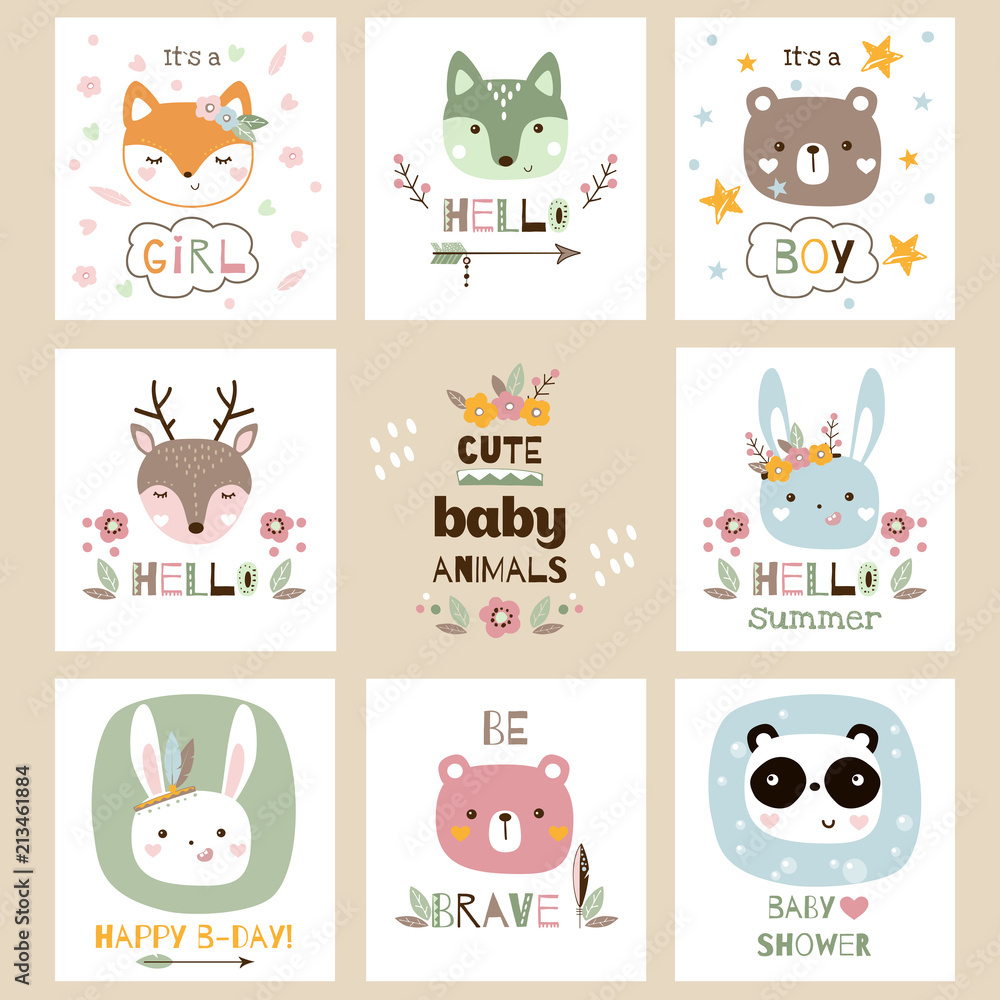 Set of cute baby animal cards vector illustration. Stock Vector | Adobe ...
