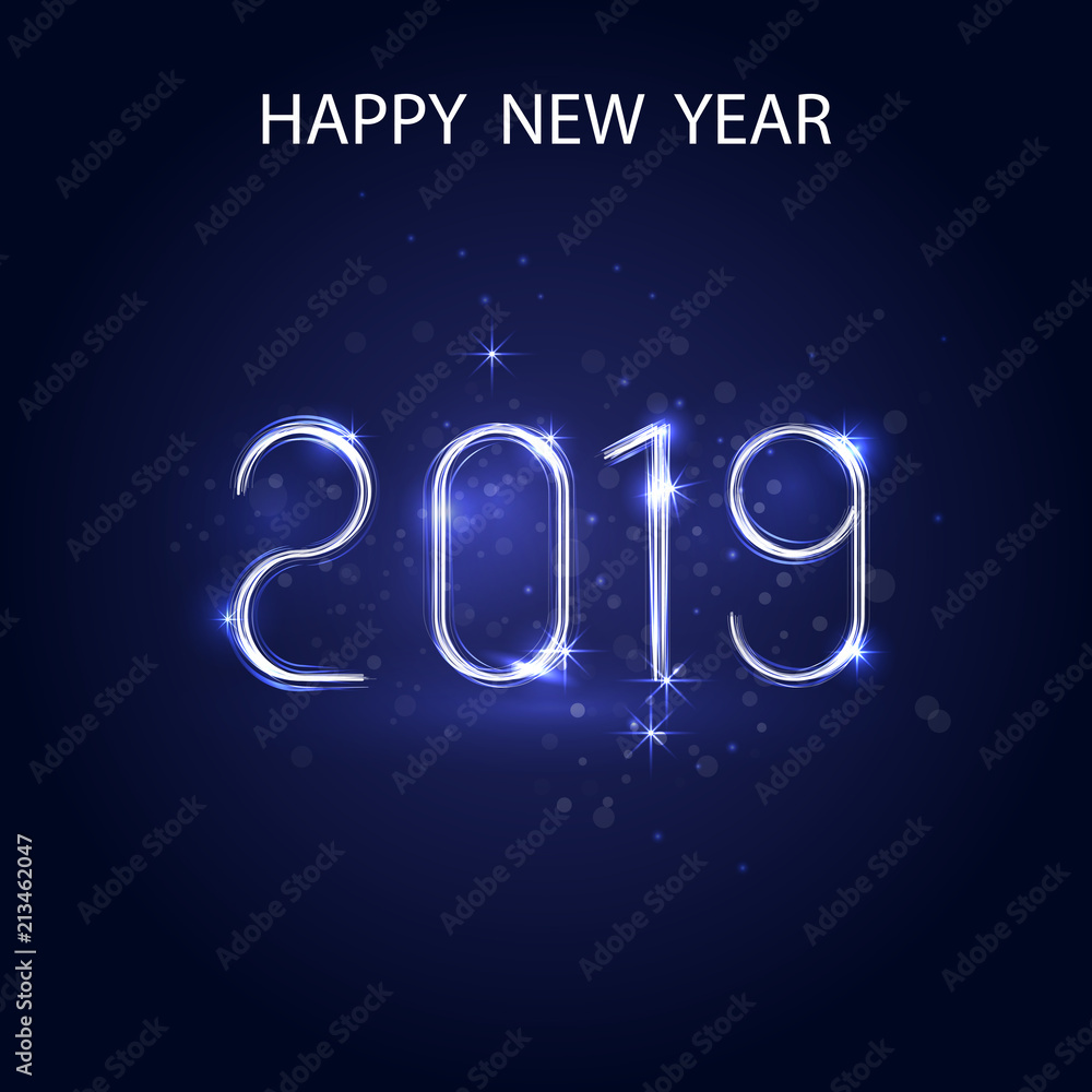 Happy New Year 2019 background.Vector illustration for holiday design.Party poster.Greeting card,banner or invitation template.Abstract burning circles with glitter swirl trail effect background.