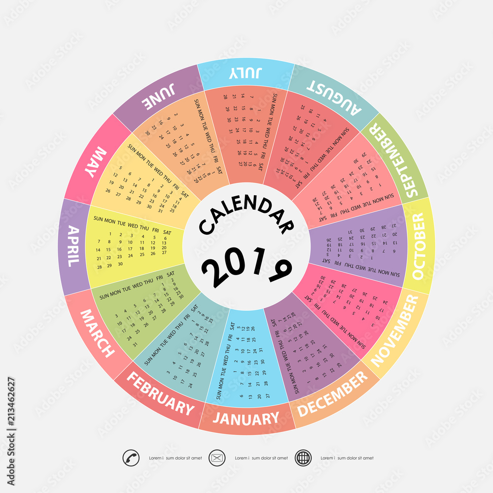 2019 Calendar Template.Circle calendar template.Calendar 2019 Set of 12 Months.Starts from Sunday.Yearly calendar vector design stationery template.Vector illustration. Stock Vector | Adobe Stock 2019 Calendar Template.Circle calendar template.Calendar 2019 Set of 12 Months.Starts from Sunday.Yearly calendar vector design stationery template.Vector illustration. Stock Vector | Adobe Stock