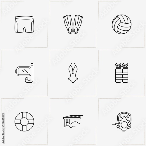 Water Sport line icon set with volleyball , pier  and diving pipe