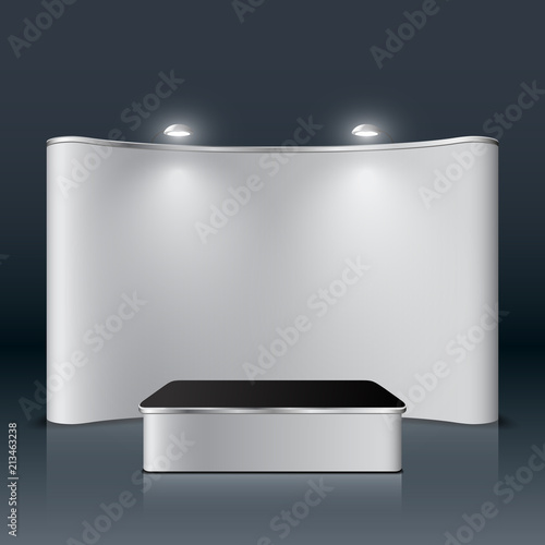 Exhibition stand and table on dark abstract background, vector illustration