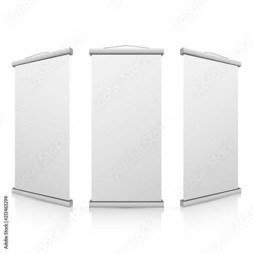 Empty roll up banner set, 3d vector design, isolated on white
