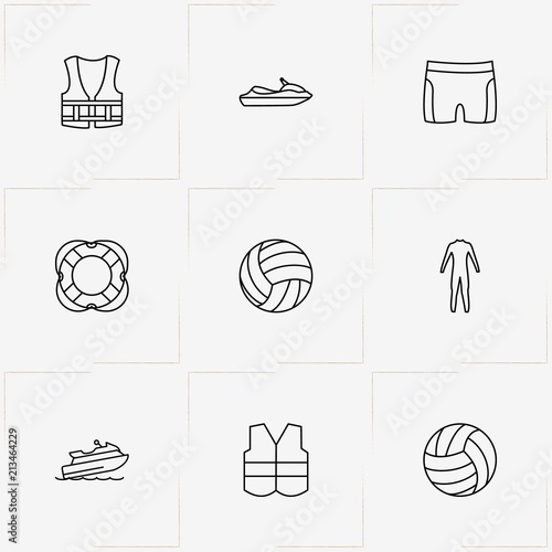 Water Sport line icon set with life vest, man swimsuit  and volleyball