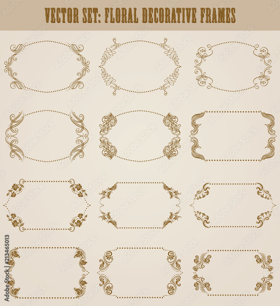 Vector set of decorative hand drawn elements, border, frame with floral elements for design of invitation, greeting, wedding, gift card, certificate, diploma, voucher. Page decoration in vintage style