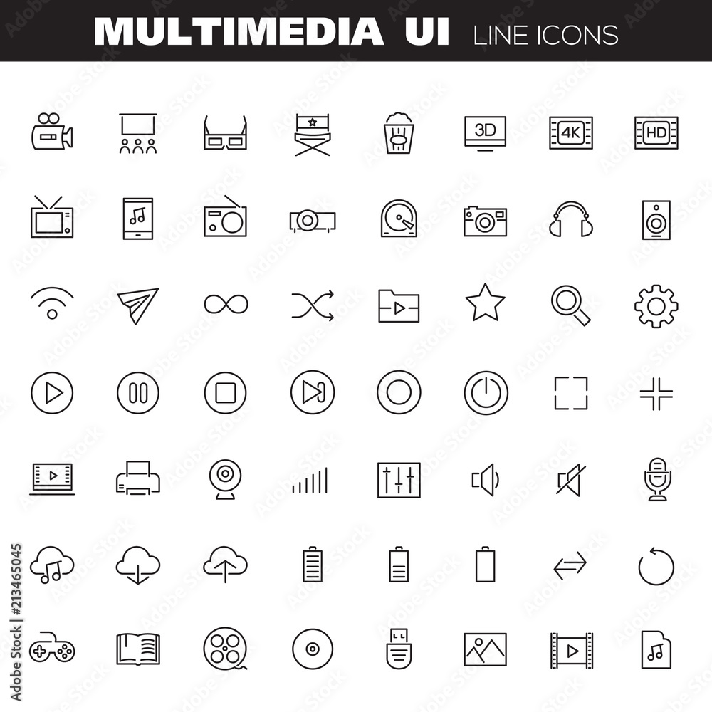 Big multimedia linear icons collection black on white Big multimedia linear icons collection black on white