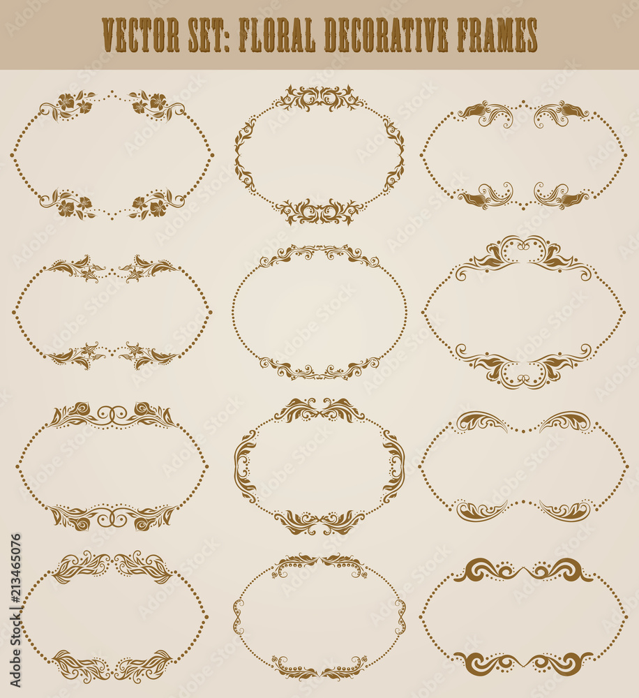 Vector set of decorative hand drawn elements, border, frame with floral elements for design of invitation, greeting, wedding, gift card, certificate, diploma, voucher. Page decoration in vintage style