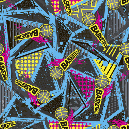 Abstract seamless vector pattern for girls, boys, clothes. Creative Basketball background with dots, geometric figures Funny wallpaper for textile and fabric. Fashion style. Colorful bright