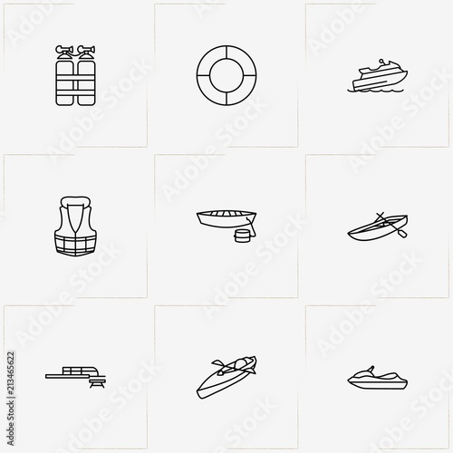 Water Sport line icon set with life vest, lifebuoy and diving tank