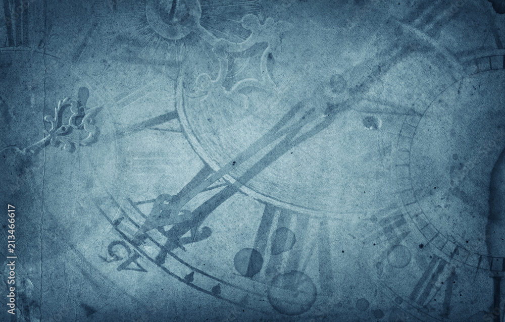 Fototapeta premium Old clock dials and hour hand on vintage blue paper background. Retro style. Concept on time, history, philosophy topics.