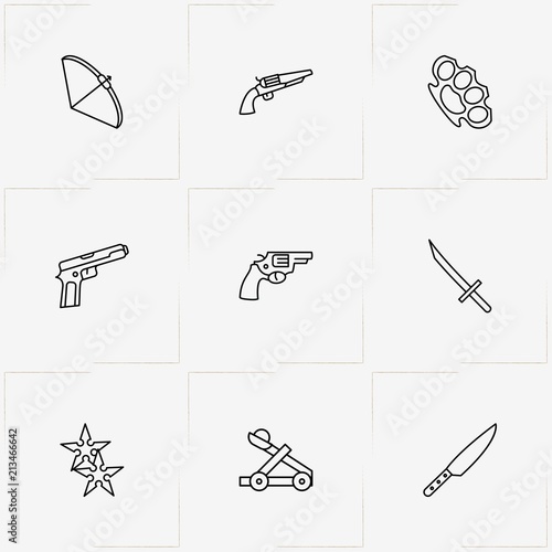 Weapons line icon set with brass knuckles, crossbow and ninja darts