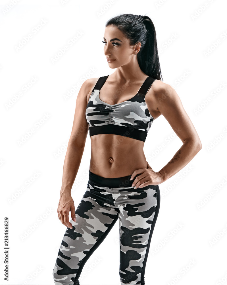 Healthy strong woman in military sportswear on white background. Fitness  and healthy lifestyle concept Stock Photo | Adobe Stock