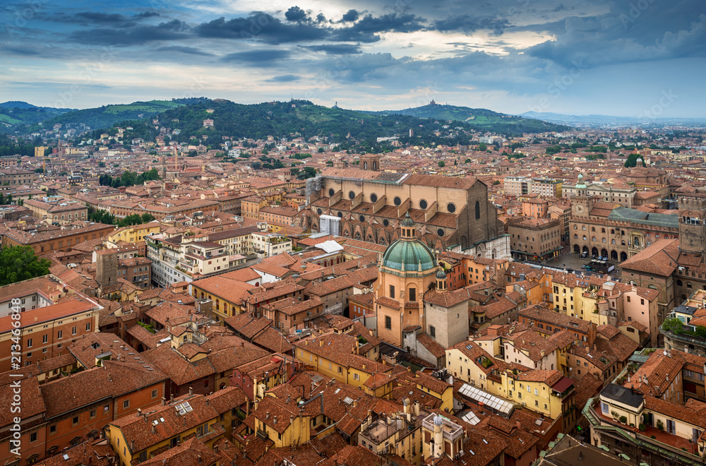 Panorama of the Bologna city in Italy in a summer cloudy day.