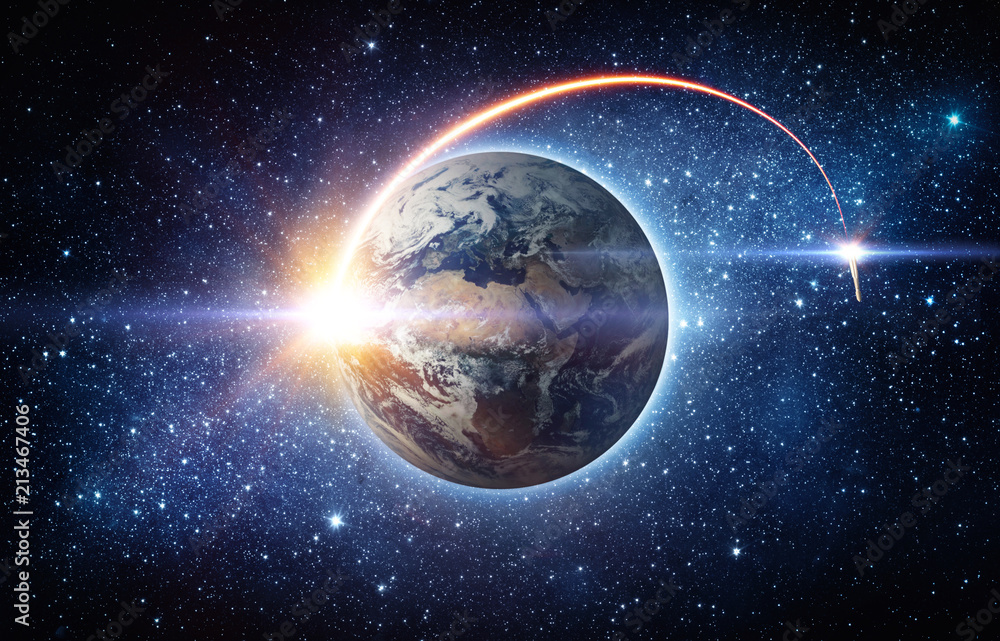 Rocket space ship launching from planet Earth and flying into outer ...