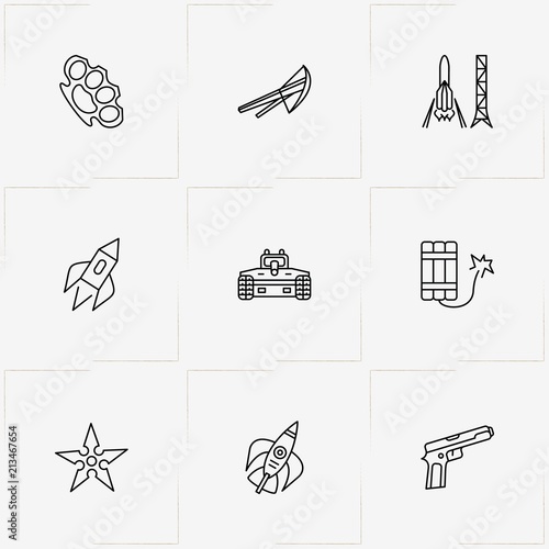 Weapons line icon set with crossbow, panzer and brass knuckles