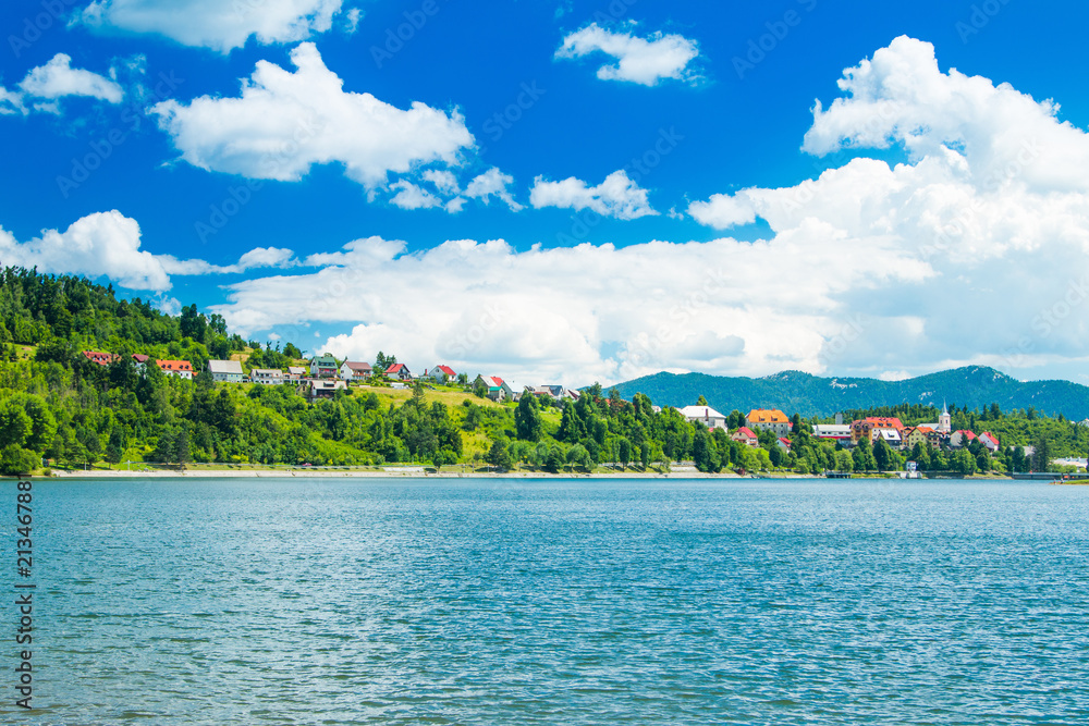     Panorama of beautiful town of Fuzine on Lake Bajer, Gorski kotar, Croatia 