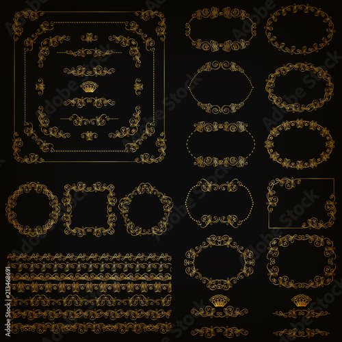 Set of gold decorative hand-drawn floral element, corner, seamless borders, frames, filigree dividers, crown on black background. Page, web site decoration in vintage style. Vector illustration EPS 10