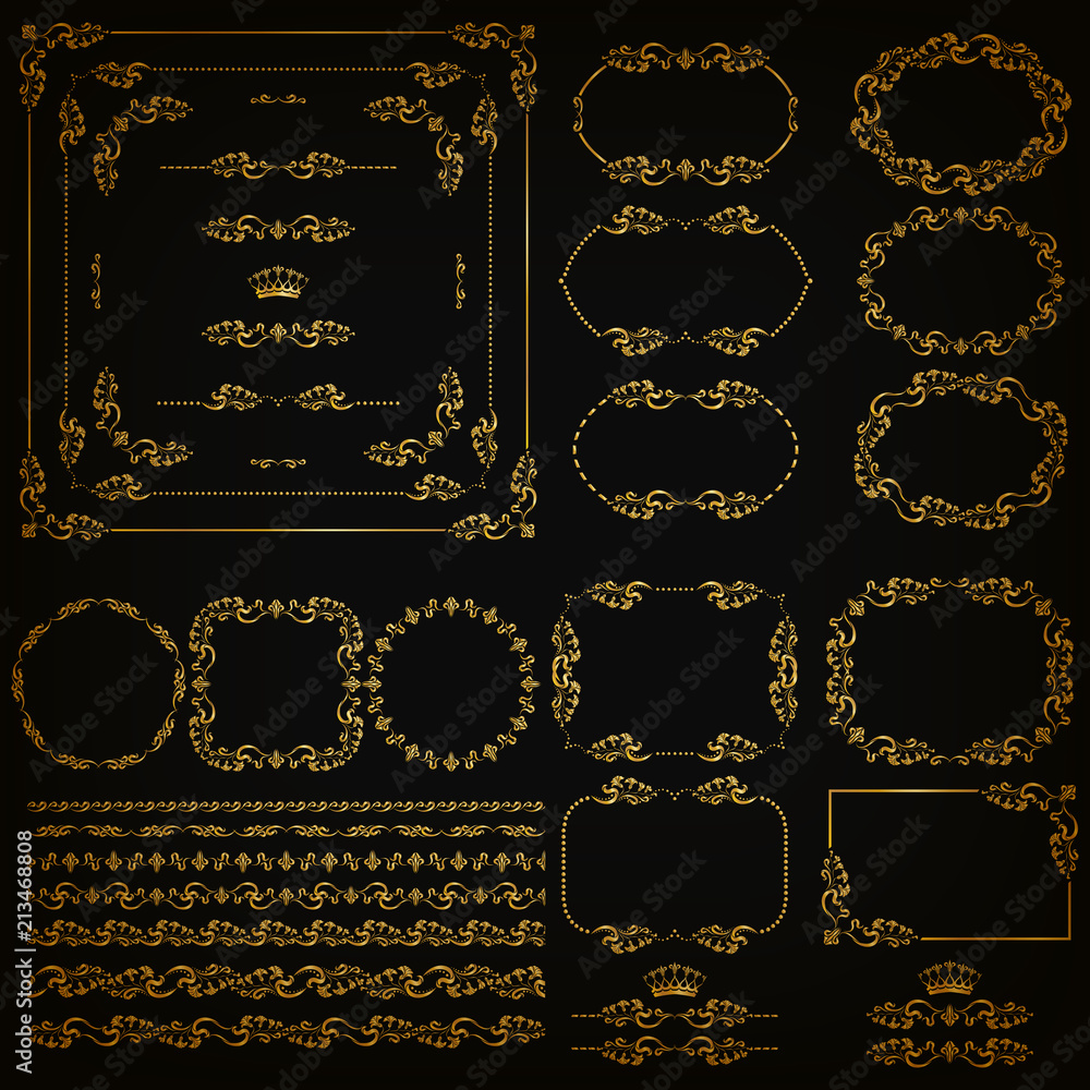 Set of gold decorative hand-drawn floral element, corner, seamless borders, frames, filigree dividers, crown on black background. Page, web site decoration in vintage style. Vector illustration EPS 10