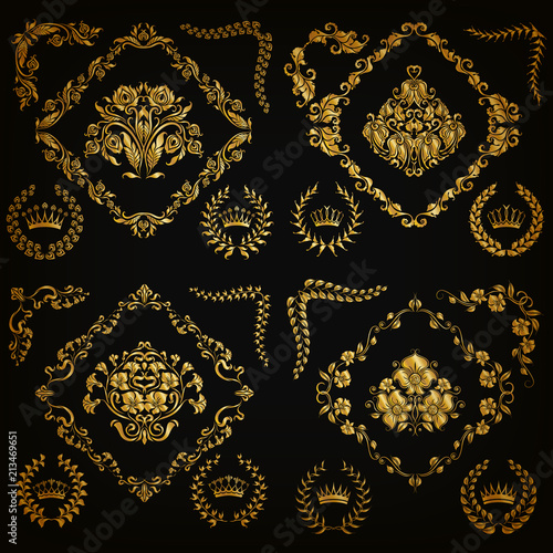 Set of gold damask ornaments. Floral element, ornate border, corner, crown, frame, laurel wreath for design. Page, web royal decoration on black background in vintage style. Vector illustration EPS 10