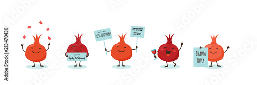 Pomegranate, symbols of Jewish holiday Rosh Hashana, New Year. Rosh Hashanah Jewish holiday banner design with funny cartoon characters. Vector illustration