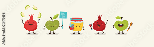 Rosh Hashanah Jewish holiday banner design with funny cartoon characters representing symbols of the holiday. Vector illustration