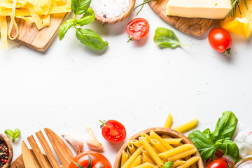Italian food background on white top view.