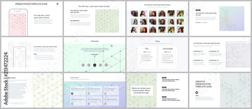 Minimal presentations, portfolio templates. Presentation slides for flyer, brochure, report. Line art pattern with connecting lines. Abstract geometric background. Technology, digital network concept.