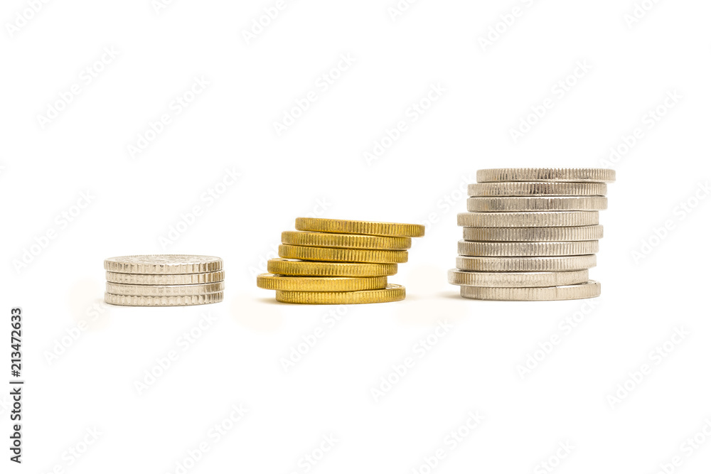 Gold and Silver Coins Stacks Isolated on White Background