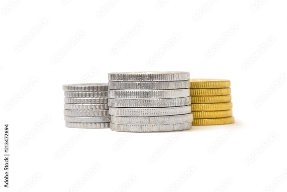 Gold and Silver Coins Stacks Isolated on White Background Gold and Silver Coins Stacks Isolated on White Background